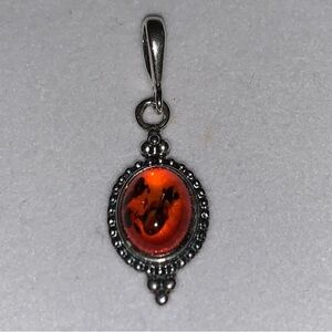 925 Sterling Silver Mini Round Amber Necklace Pendant Charm